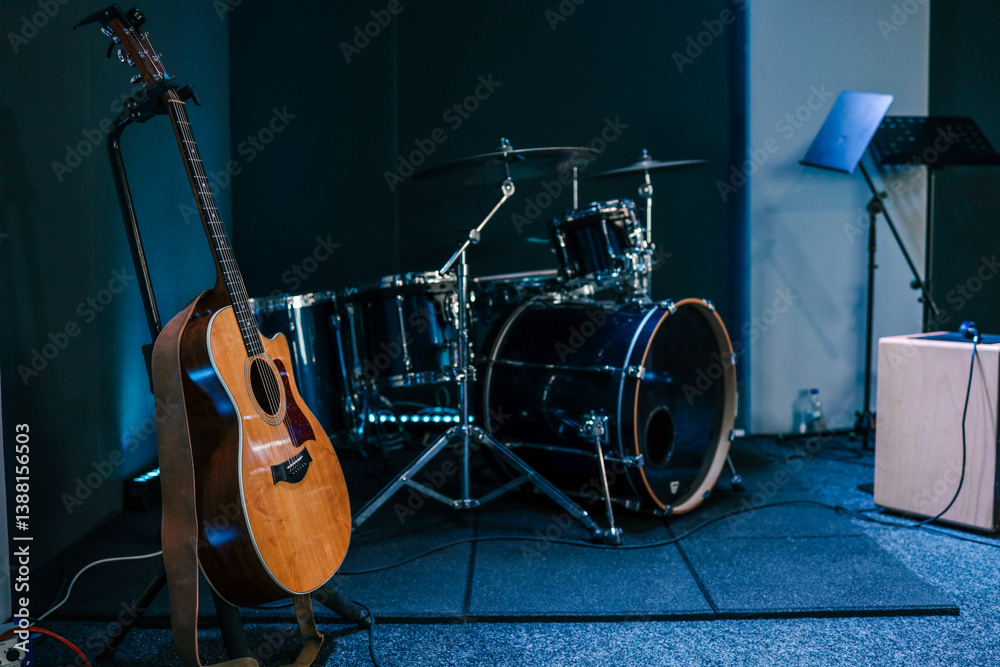 Acoustic guitar on stand next to a drum kit on a stage in a music rehearsal or worship room