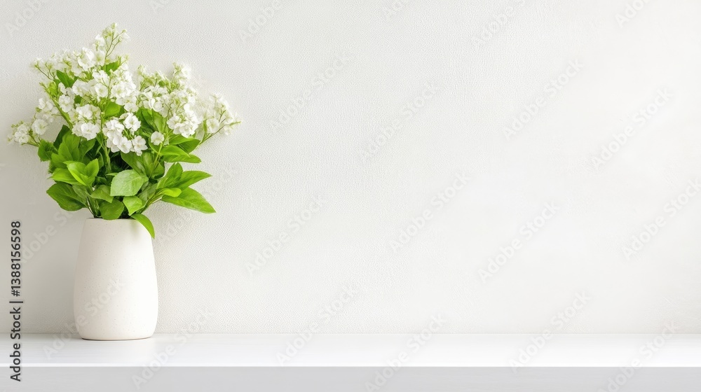 A white vase holds a bouquet of delicate white flowers with green leaves. It sits on a white surface against a plain white wall. The image is clean and simple, with soft lighting. The style is minim A white vase holds a bouquet of delicate white flowers with green leaves. It sits on a white surface against a plain white wall. The image is clean and simple, with soft lighting. The style is minim