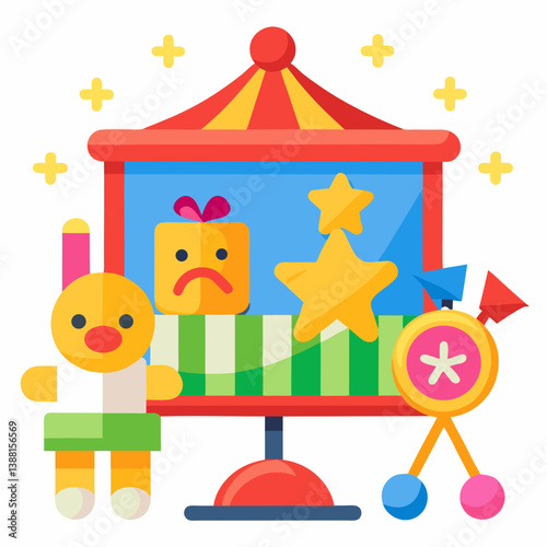 A vibrant easel surrounded by various toys and colorful items, creating a playful and creative atmosphere.