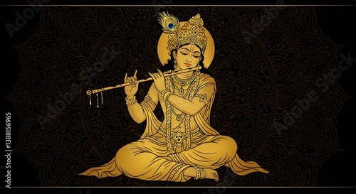 Golden lord krishna playing flute with intricate mandala backdrop design