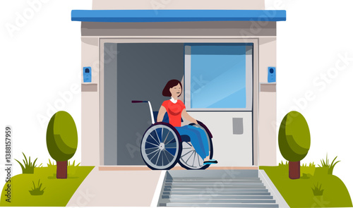 Disabled person in wheelchair near access ramp to building entrance door close to the stairs, mobility impaired woman smiling outside, ramp slope for people with disability on transparent background