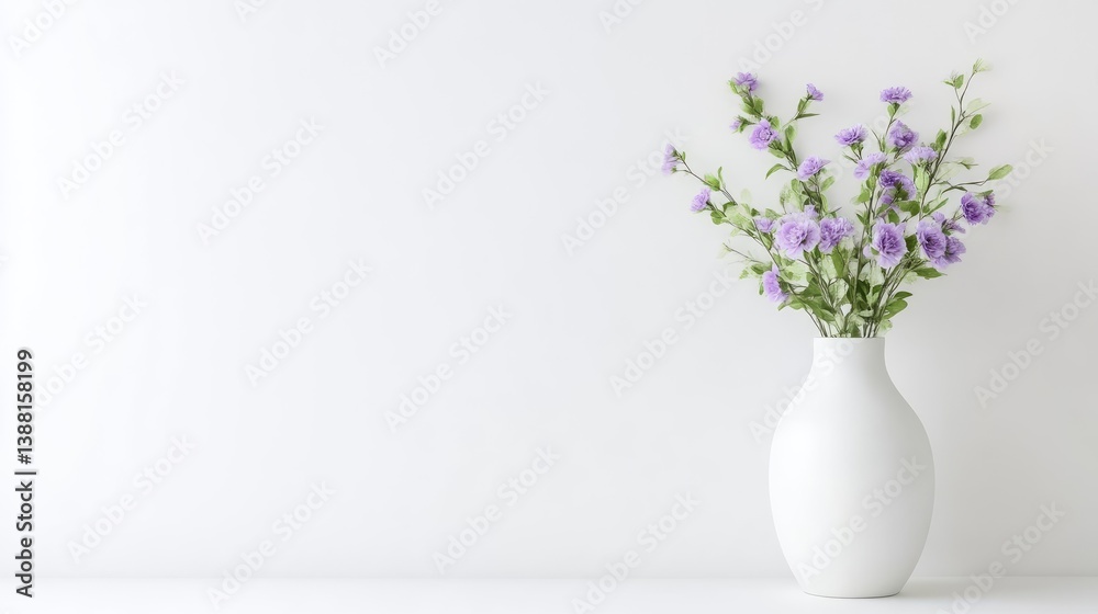 Simple elegance in a white vase. Small, delicate purple flowers arranged artfully on a plain white background Simple elegance in a white vase. Small, delicate purple flowers arranged artfully on a plain white background