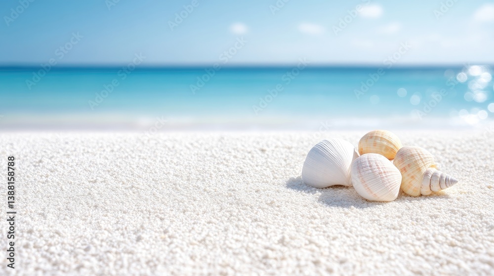 Several seashells rest on white sand. The shells vary in shape and shade of white and beige. A blurred turquoise ocean forms a tranquil background. The image is high-quality, showcasing a bright, s Several seashells rest on white sand. The shells vary in shape and shade of white and beige. A blurred turquoise ocean forms a tranquil background. The image is high-quality, showcasing a bright, s