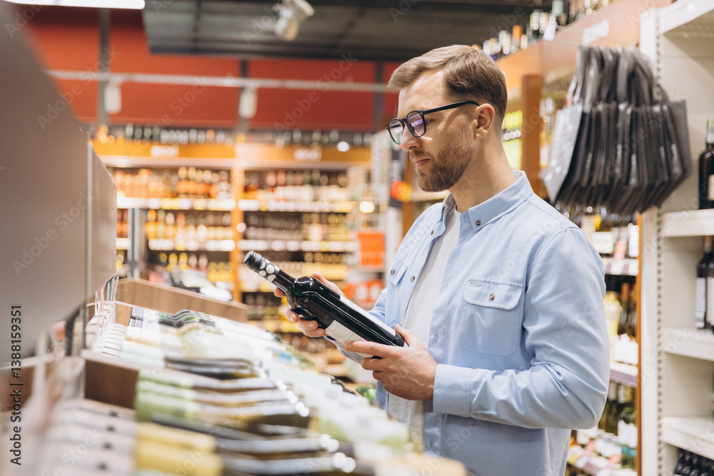 Customer Choosing Wine Bottle in Supermarket Drinks Section Customer Choosing Wine Bottle in Supermarket Drinks Section