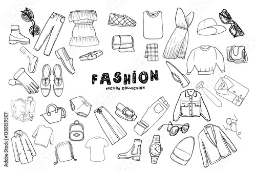 Unique hand-drawn black-and-white fashion sketches featuring dresses, skirts, jackets, shoes, bags, hats, and accessories. Perfect for designers.