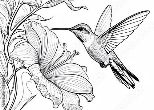 Detailed line art illustration of a hummingbird approaching a large flower blossom design