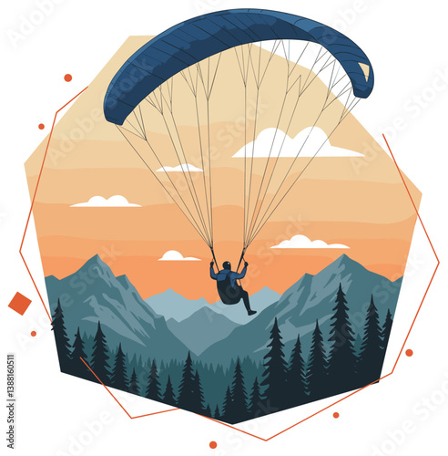Man doing paragliding in beautiful natural landscape in the mountains at sunset. Colorful illustration
