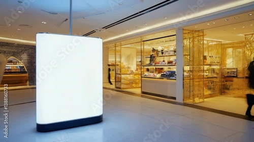 Modern Shopping Mall Architecture with Illuminated Display and Shoppers in Lively Retail Space