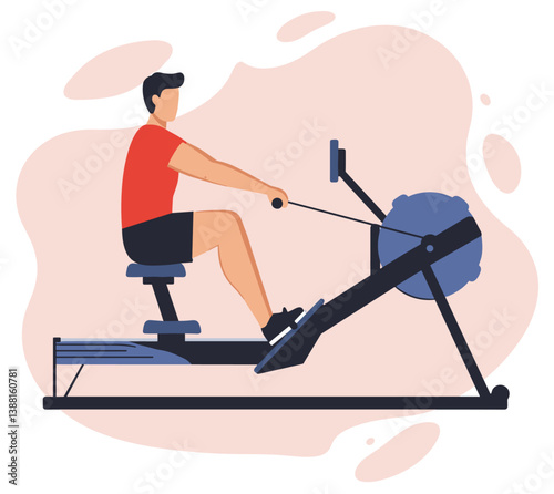 Man using rowing machine in the gym. Colorful minimalist flat design illustration