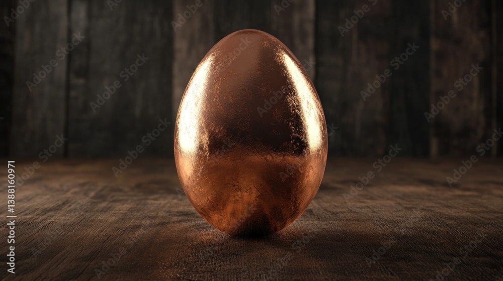 Fototapeta premium Shiny Egg Standing on Wooden Surface with Dark Background Texture