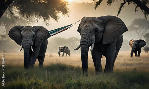 Two elephants walking through a misty landscape with a hammock in the background.