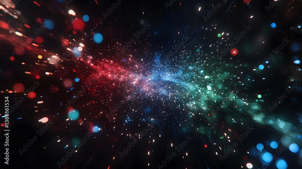 Fototapeta premium Red blue and green fireworks forming colorful patterns against a clear starry sky
