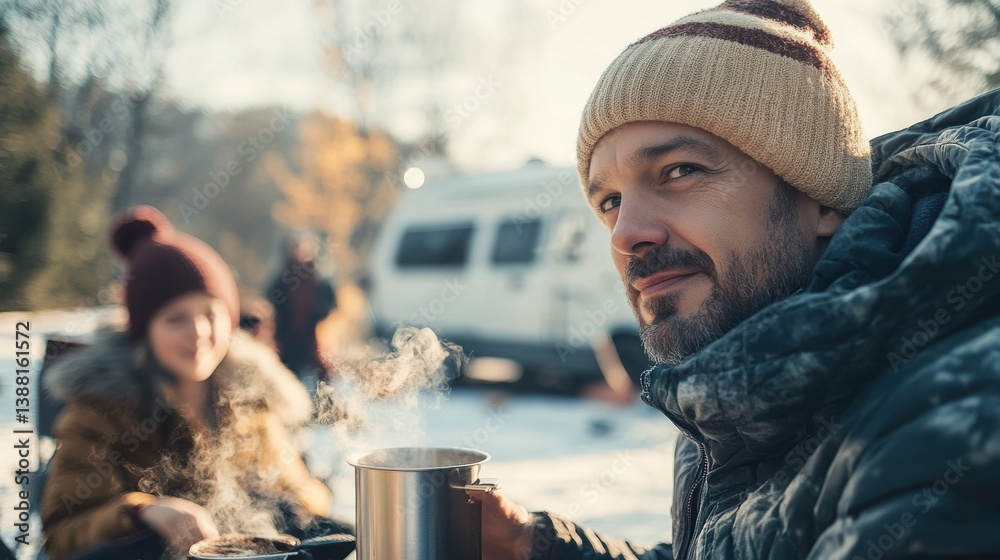 Nomadic family enjoys a warm winter meal beside their camper van, embracing the freedom of vanlife, sharing moments and meals in nature despite the cold weather.