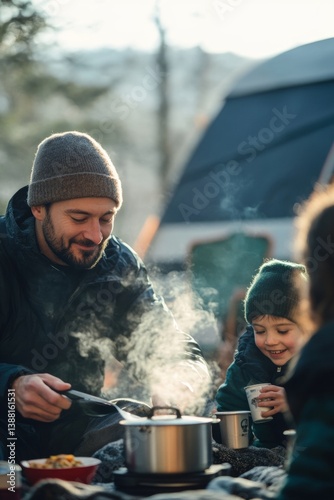 Obraz na płótnie Nomadic family enjoys a warm winter meal beside their camper van, embracing the freedom of vanlife, sharing moments and meals in nature despite the cold weather. w salonie