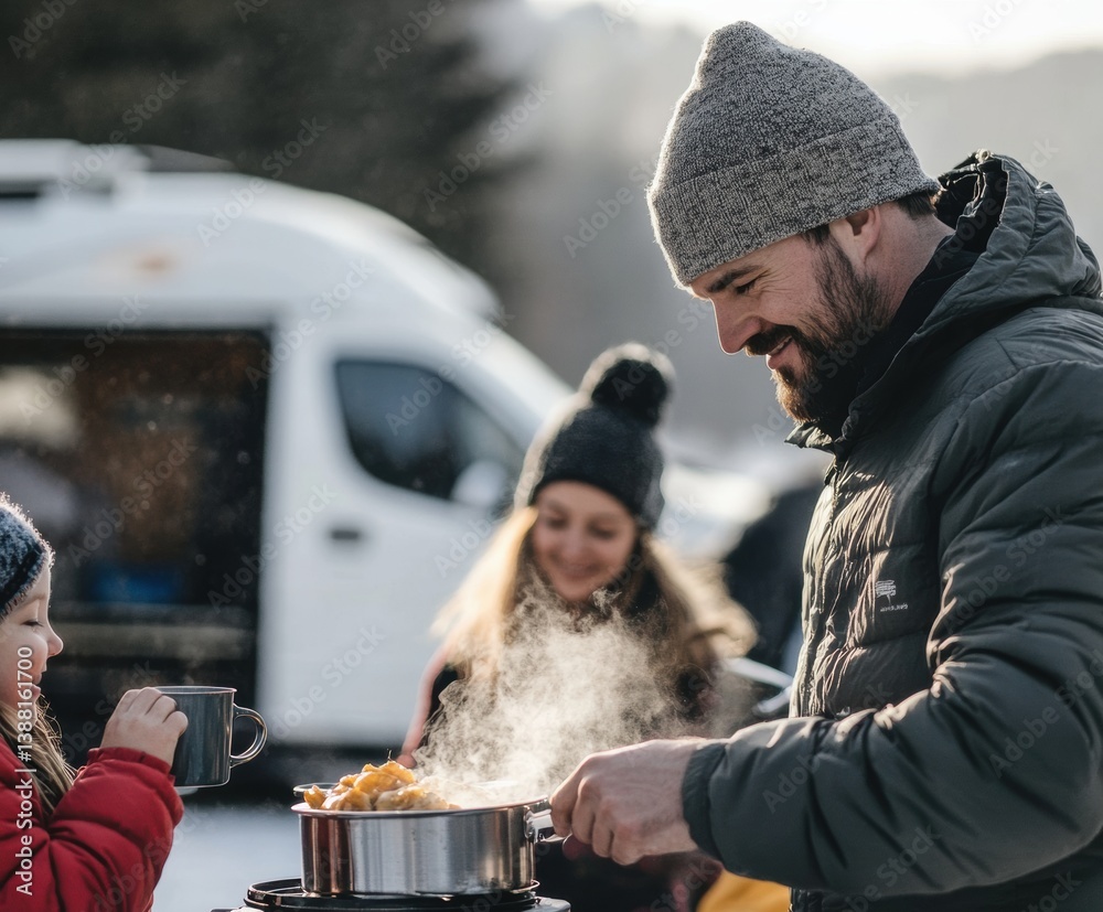 Nomadic family enjoys a warm winter meal beside their camper van, embracing the freedom of vanlife, sharing moments and meals in nature despite the cold weather.