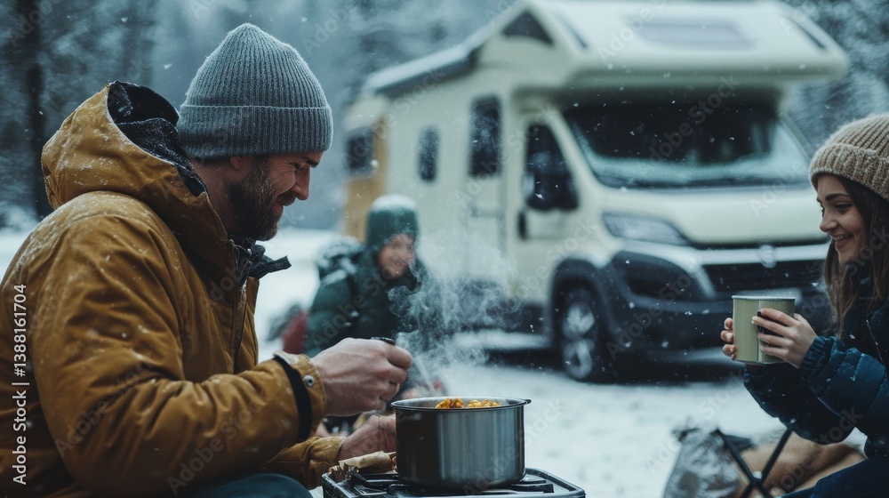 Nomadic family enjoys a warm winter meal beside their camper van, embracing the freedom of vanlife, sharing moments and meals in nature despite the cold weather.