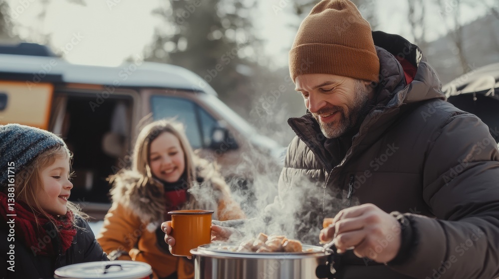 Nomadic family enjoys a warm winter meal beside their camper van, embracing the freedom of vanlife, sharing moments and meals in nature despite the cold weather.