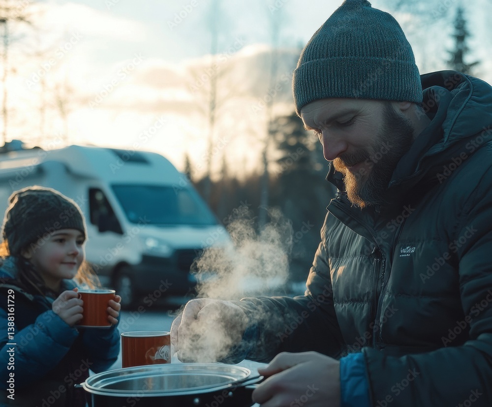 Nomadic family enjoys a warm winter meal beside their camper van, embracing the freedom of vanlife, sharing moments and meals in nature despite the cold weather.