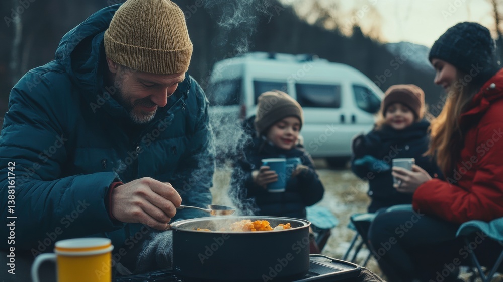 Nomadic family enjoys a warm winter meal beside their camper van, embracing the freedom of vanlife, sharing moments and meals in nature despite the cold weather.