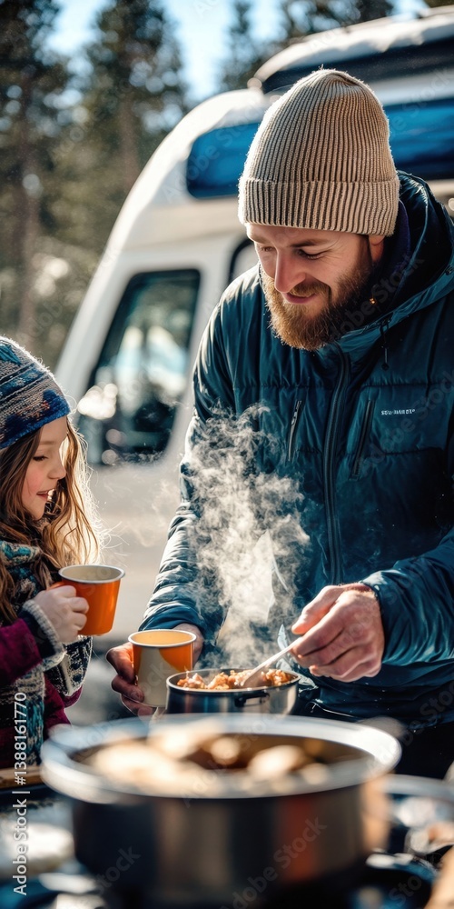 Nomadic family enjoys a warm winter meal beside their camper van, embracing the freedom of vanlife, sharing moments and meals in nature despite the cold weather.