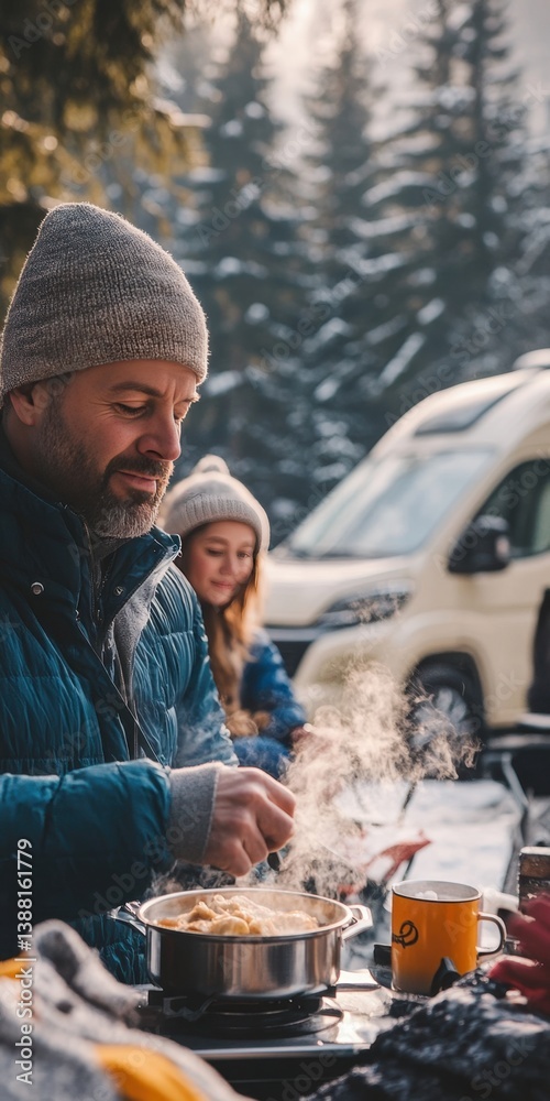 Nomadic family enjoys a warm winter meal beside their camper van, embracing the freedom of vanlife, sharing moments and meals in nature despite the cold weather.