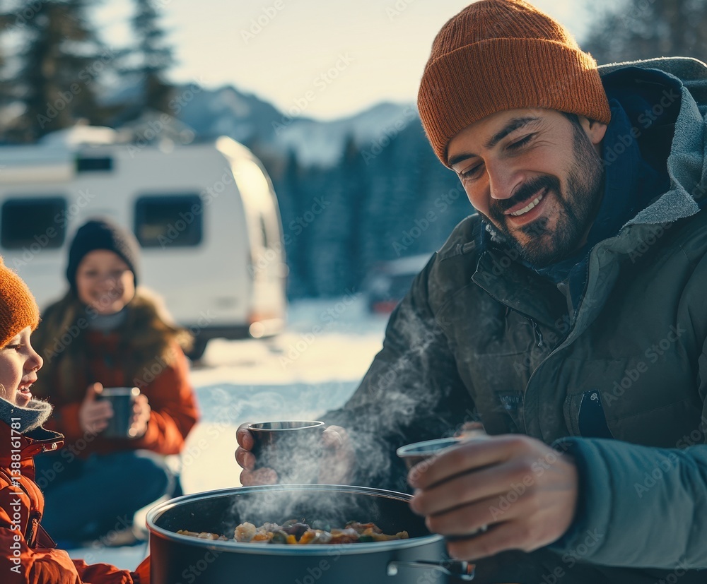 Nomadic family enjoys a warm winter meal beside their camper van, embracing the freedom of vanlife, sharing moments and meals in nature despite the cold weather.