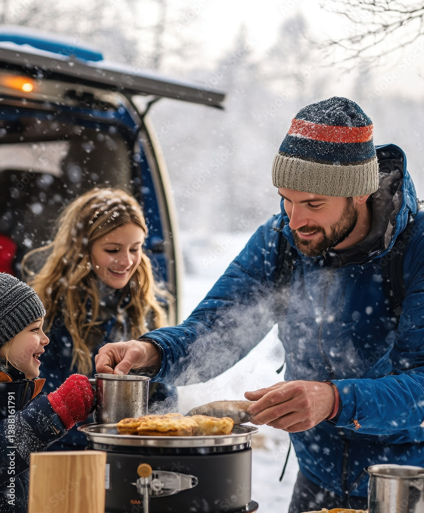 Nomadic family enjoys a warm winter meal beside their camper van, embracing the freedom of vanlife, sharing moments and meals in nature despite the cold weather.
