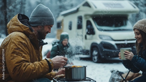 Obraz na płótnie Nomadic family enjoys a warm winter meal beside their camper van, embracing the freedom of vanlife, sharing moments and meals in nature despite the cold weather. w salonie