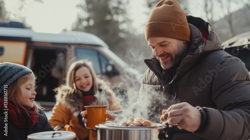 Obraz na płótnie Nomadic family enjoys a warm winter meal beside their camper van, embracing the freedom of vanlife, sharing moments and meals in nature despite the cold weather. w salonie