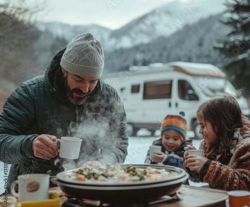 Nomadic family enjoys a warm winter meal beside their camper van, embracing the freedom of vanlife, sharing moments and meals in nature despite the cold weather.