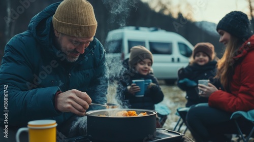 Obraz na płótnie Nomadic family enjoys a warm winter meal beside their camper van, embracing the freedom of vanlife, sharing moments and meals in nature despite the cold weather. w salonie