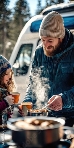 Nomadic family enjoys a warm winter meal beside their camper van, embracing the freedom of vanlife, sharing moments and meals in nature despite the cold weather.
