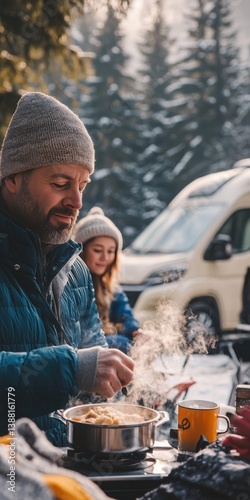 Obraz na płótnie Nomadic family enjoys a warm winter meal beside their camper van, embracing the freedom of vanlife, sharing moments and meals in nature despite the cold weather. w salonie