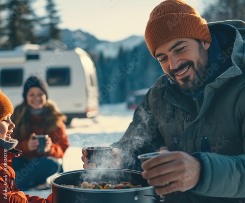 Obraz na płótnie Nomadic family enjoys a warm winter meal beside their camper van, embracing the freedom of vanlife, sharing moments and meals in nature despite the cold weather. w salonie