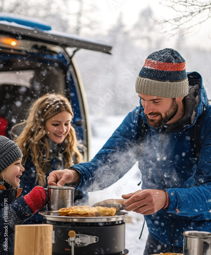 Nomadic family enjoys a warm winter meal beside their camper van, embracing the freedom of vanlife, sharing moments and meals in nature despite the cold weather.