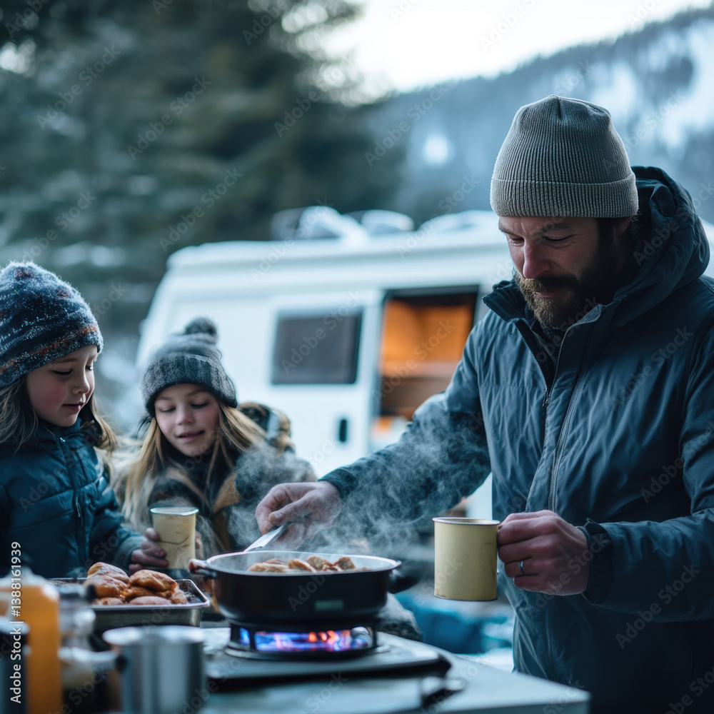 Nomadic family enjoys a warm winter meal beside their camper van, embracing the freedom of vanlife, sharing moments and meals in nature despite the cold weather.