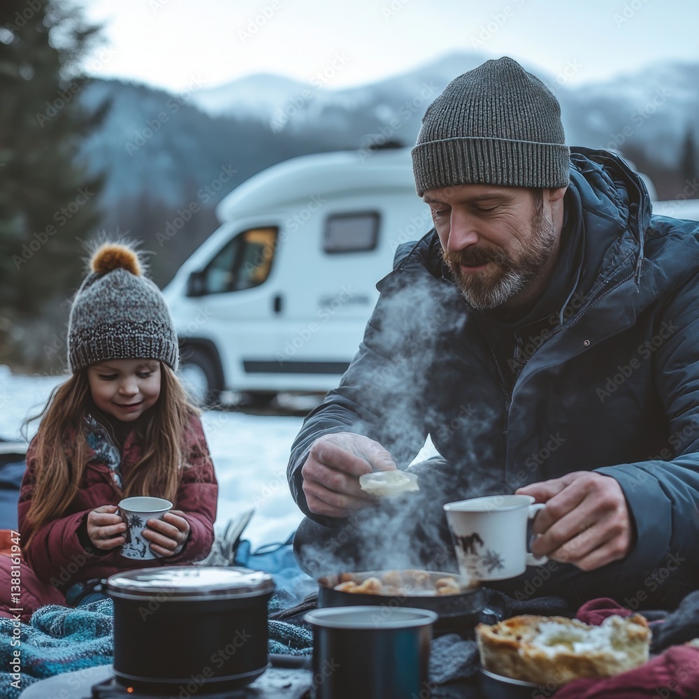 Nomadic family enjoys a warm winter meal beside their camper van, embracing the freedom of vanlife, sharing moments and meals in nature despite the cold weather.