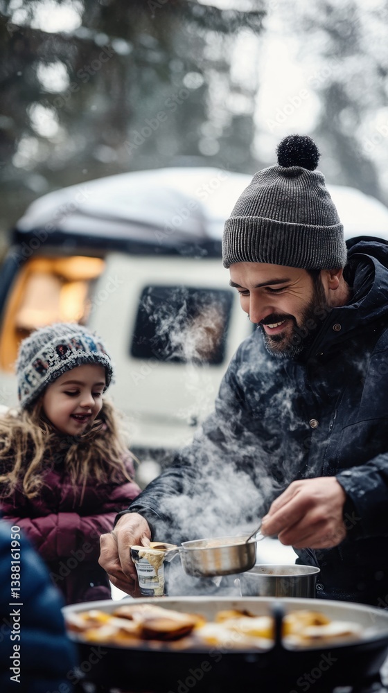 Nomadic family enjoys a warm winter meal beside their camper van, embracing the freedom of vanlife, sharing moments and meals in nature despite the cold weather.