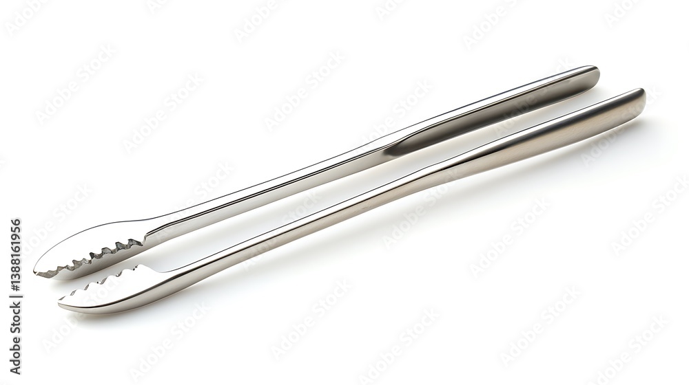 A shiny metal tongs tool isolated on a white background surface A shiny metal tongs tool isolated on a white background surface