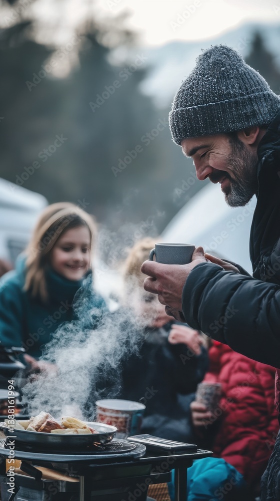 Nomadic family enjoys a warm winter meal beside their camper van, embracing the freedom of vanlife, sharing moments and meals in nature despite the cold weather.
