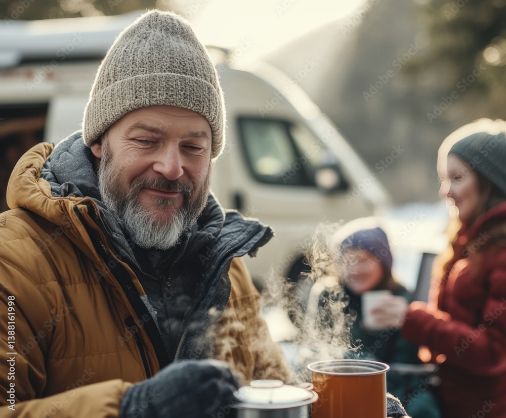 Nomadic family enjoys a warm winter meal beside their camper van, embracing the freedom of vanlife, sharing moments and meals in nature despite the cold weather.