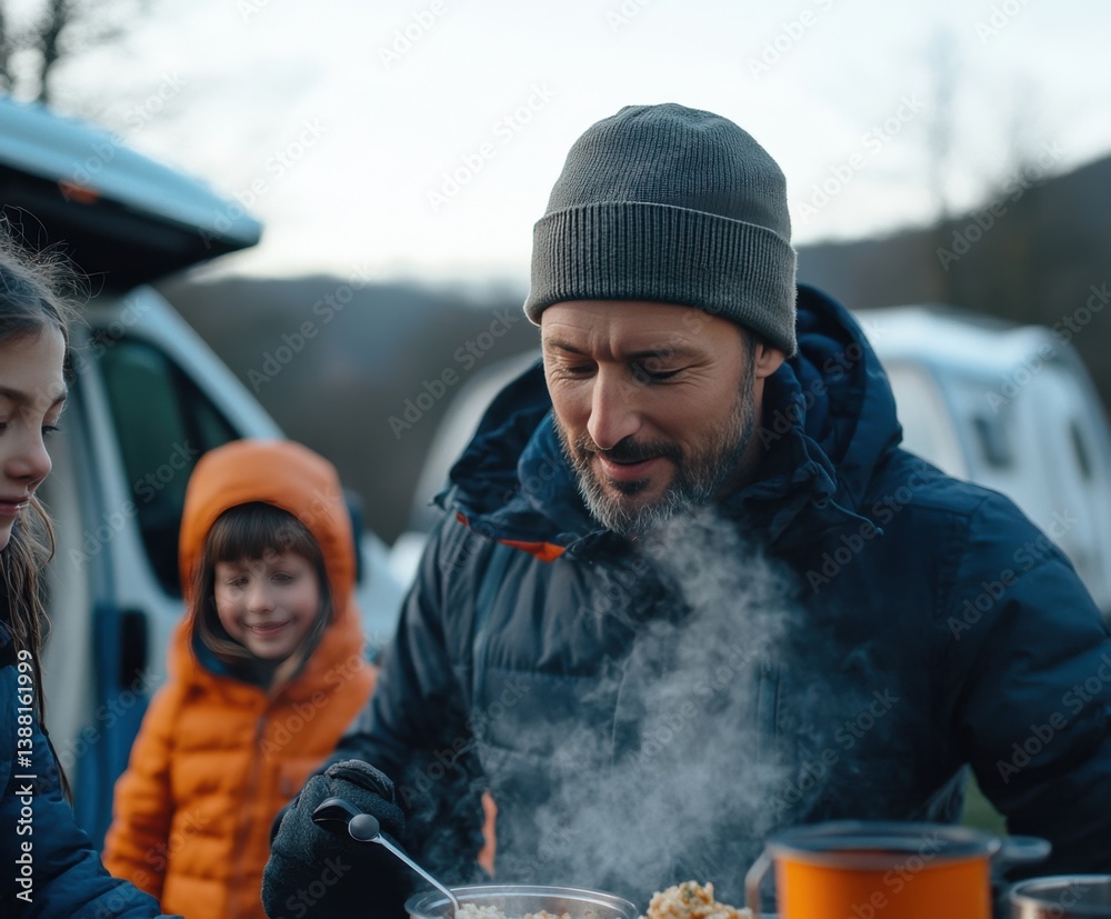 Nomadic family enjoys a warm winter meal beside their camper van, embracing the freedom of vanlife, sharing moments and meals in nature despite the cold weather.