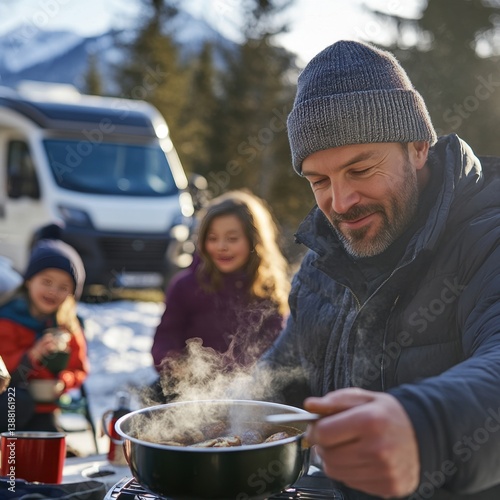 Obraz na płótnie Nomadic family enjoys a warm winter meal beside their camper van, embracing the freedom of vanlife, sharing moments and meals in nature despite the cold weather. w salonie