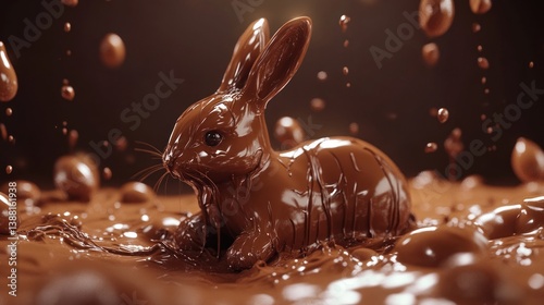 Chocolate Bunny Figurine in Melted Chocolate Close Up View