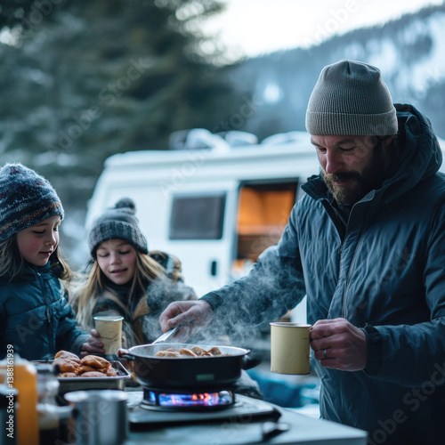 Obraz na płótnie Nomadic family enjoys a warm winter meal beside their camper van, embracing the freedom of vanlife, sharing moments and meals in nature despite the cold weather. w salonie