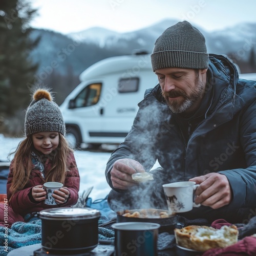 Nomadic family enjoys a warm winter meal beside their camper van, embracing the freedom of vanlife, sharing moments and meals in nature despite the cold weather.