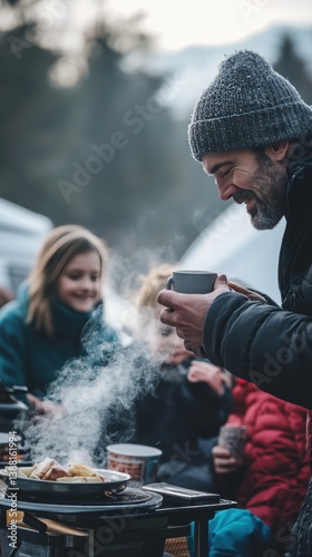 Obraz na płótnie Nomadic family enjoys a warm winter meal beside their camper van, embracing the freedom of vanlife, sharing moments and meals in nature despite the cold weather. w salonie