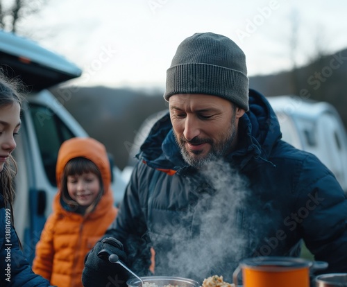 Obraz na płótnie Nomadic family enjoys a warm winter meal beside their camper van, embracing the freedom of vanlife, sharing moments and meals in nature despite the cold weather. w salonie