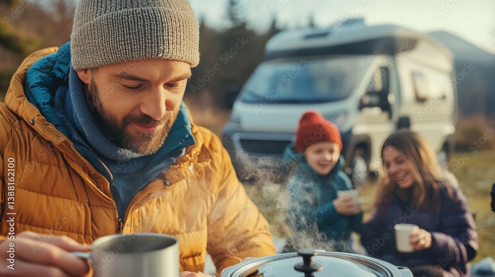 Nomadic family enjoys a warm winter meal beside their camper van, embracing the freedom of vanlife, sharing moments and meals in nature despite the cold weather.