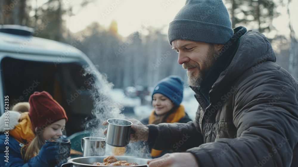 Nomadic family enjoys a warm winter meal beside their camper van, embracing the freedom of vanlife, sharing moments and meals in nature despite the cold weather.